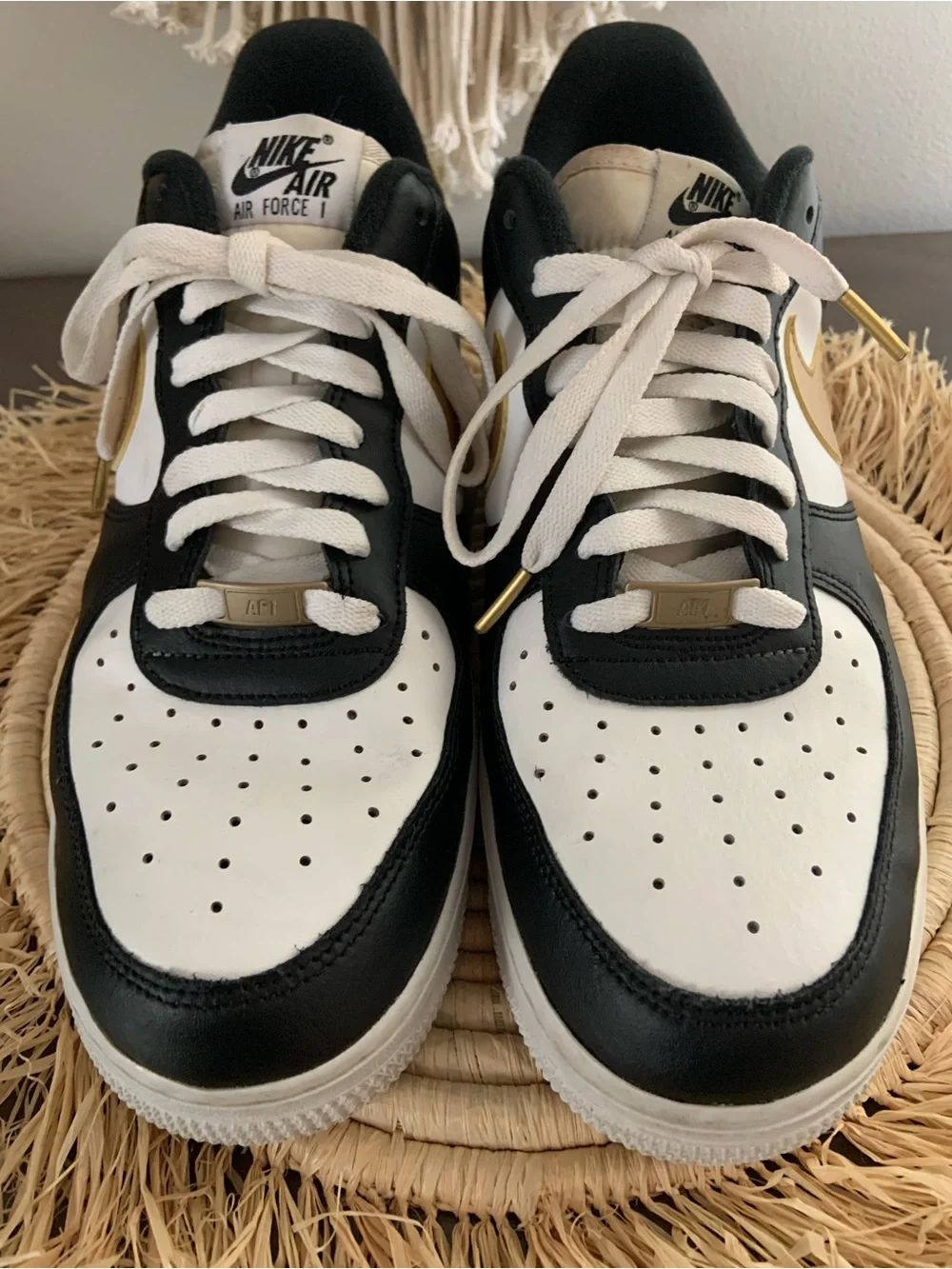 NIKE Men’s Air Force One Black White Gold Sneakers Size 10.5